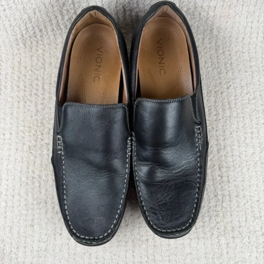 Vionic Preston Mens Black Leather Slip On Loafers Moc Toe Shoes 11 556PRESTON